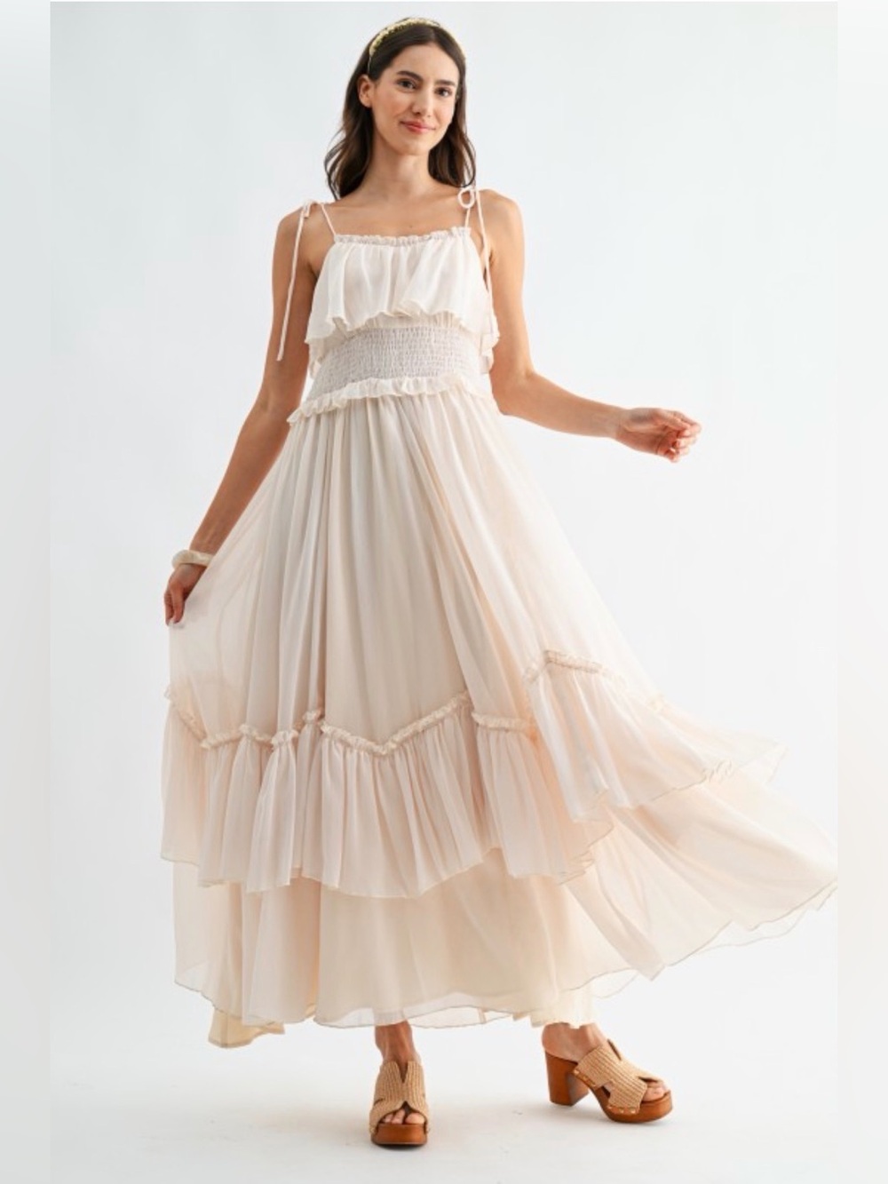 Ethereal Cream Maxi Dress with Smocked Waist, L NEW